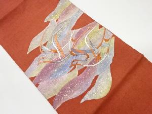 手織り紬金銀彩抽象鳥模様織出し名古屋帯